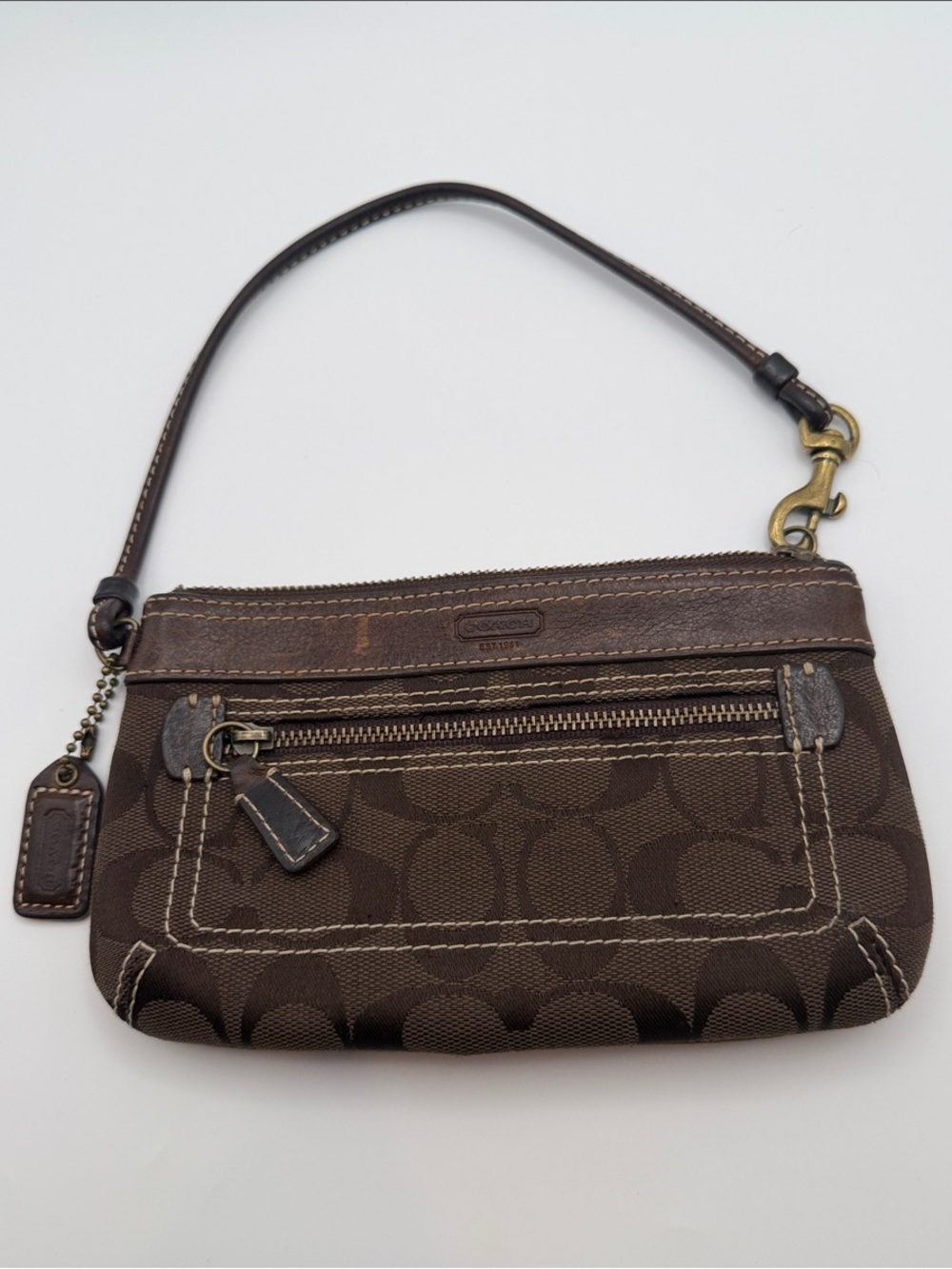 Coach Brown Signature Canvas Wristlet with Dark Brown Leather Trim